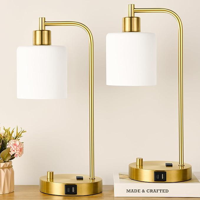 Dimbare LED industriële tafellamp set met handige USB-oplader voor telefoon; perfect voor naast bed.