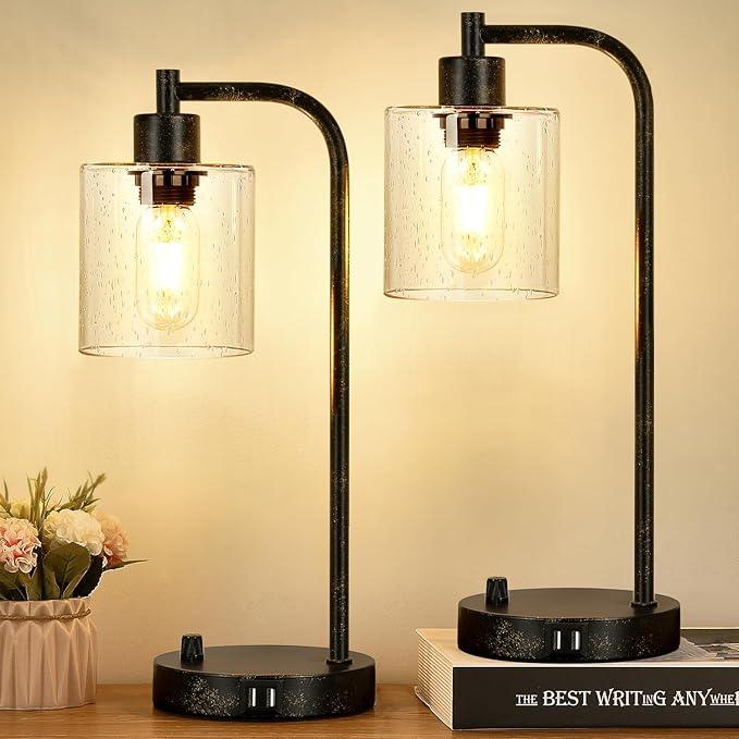 Elegante set van 2 dimbare industriële slaapkamerlampen met USB-oplader, ideaal als nachtlamp.