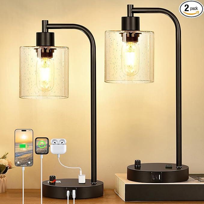Robuuste matzwarte set van 2 industriële tafellampen, metaaldesign met USB en dimmer, moderne-verlichting.
