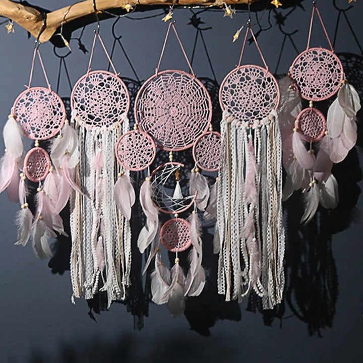 Sfeervolle boheemse dromenvanger set (5 stuks). Handgeweven natuurlijke wanddecoratie voor een warm interieur.