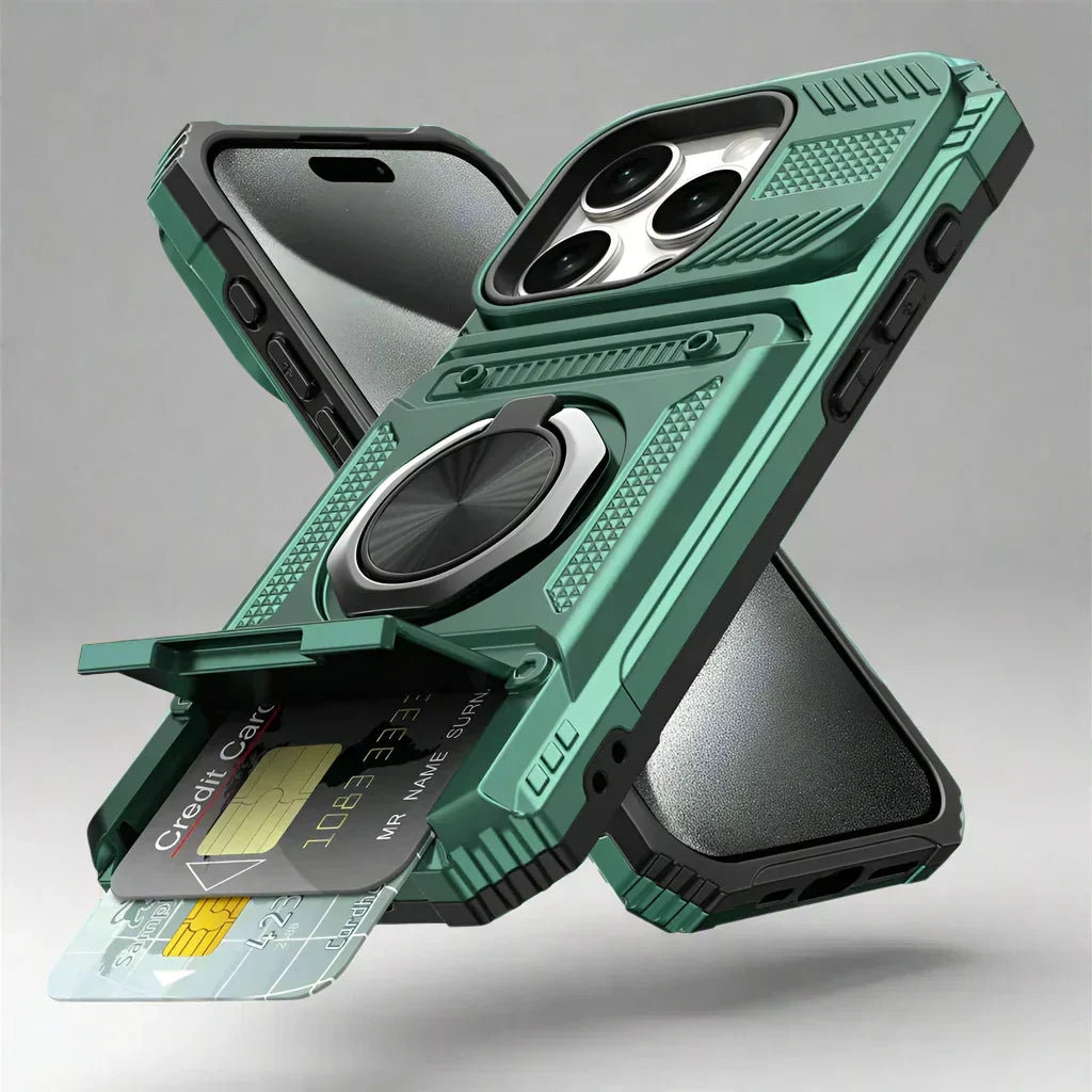 Praktisch iPhone 15 walletcase: schokbestendig, kaartsleuven en geïntegreerde magneetring.