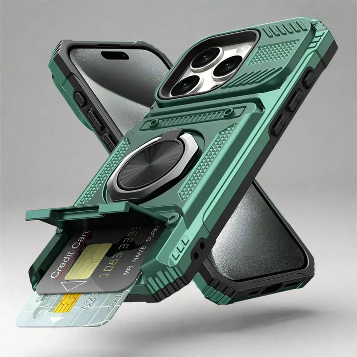 Praktisch iPhone 15 walletcase: schokbestendig, kaartsleuven en geïntegreerde magneetring.