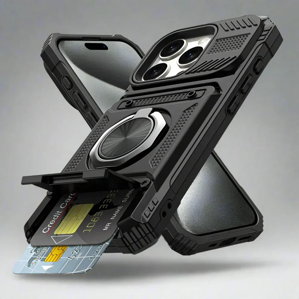 Telefoonhoes met schokbestendige bescherming, kaarthouder & magneetring voor iPhone 16.