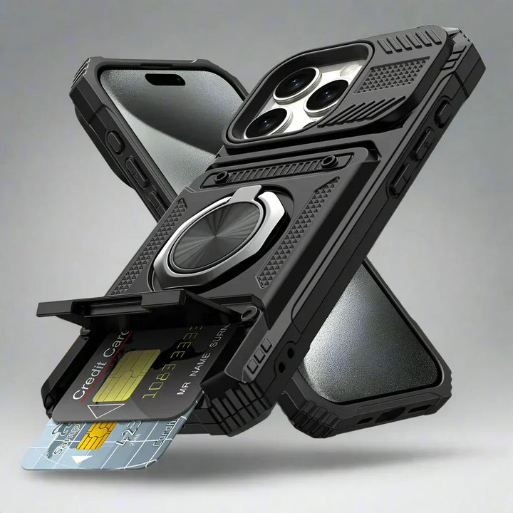 Telefoonhoes met schokbestendige bescherming, kaarthouder & magneetring voor iPhone 16.