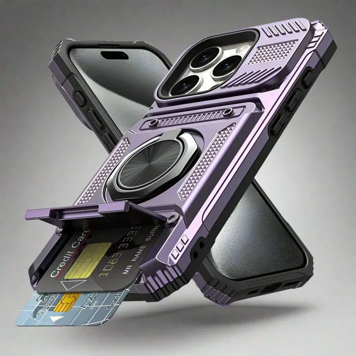 Zwart iPhone 13 bumperhoesje met kaarthouder, magneetring en schokbescherming.