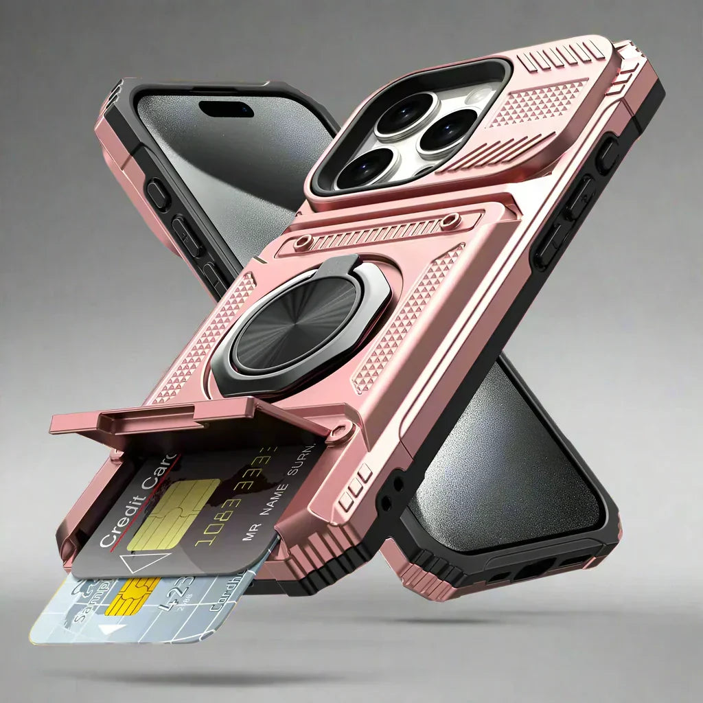 Multifunctioneel iPhone 14 hoesje: schokbestendig, walletcase, magneetring standaard.