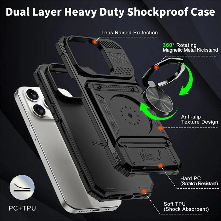 Innovatief iPhone 11 hoesje: schokbestendige bumper, kaarthouder & roterende magneetring.
