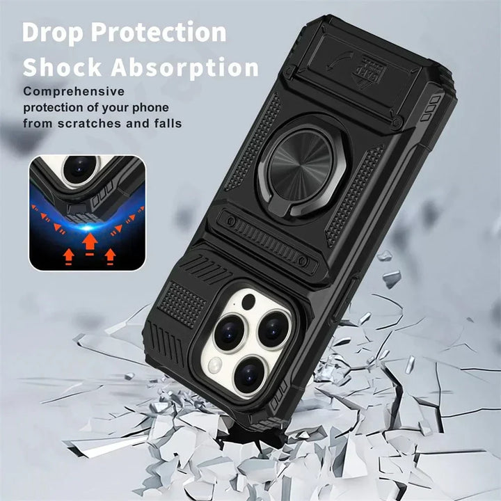 Stijlvol iPhone 15 hoesje: walletcase, schokbestendig, met magneetring voor grip/standaard.