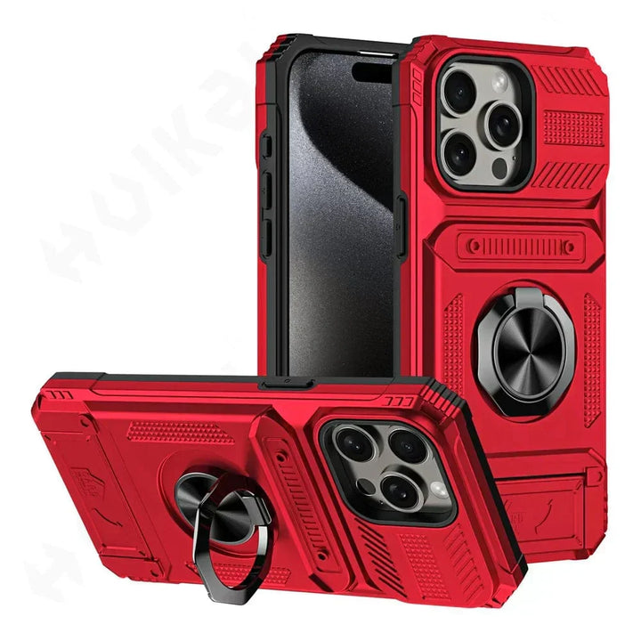Multifunctioneel iPhone 16 walletcase met schokbestendige bumper, kaarthouder en magneetring.