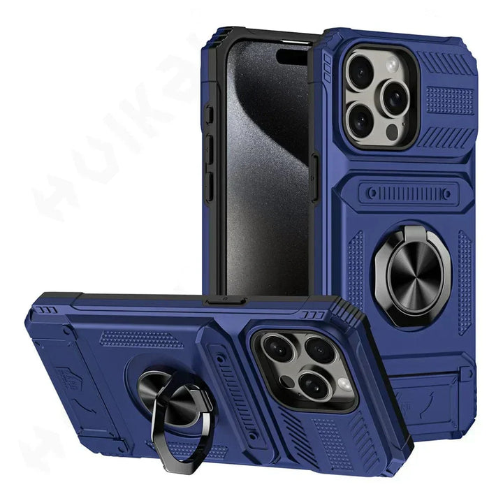 Telefoonhoesje iPhone 15, 14, 13, 11: schokbestendig, met kaarthouder en magneetring standaard.