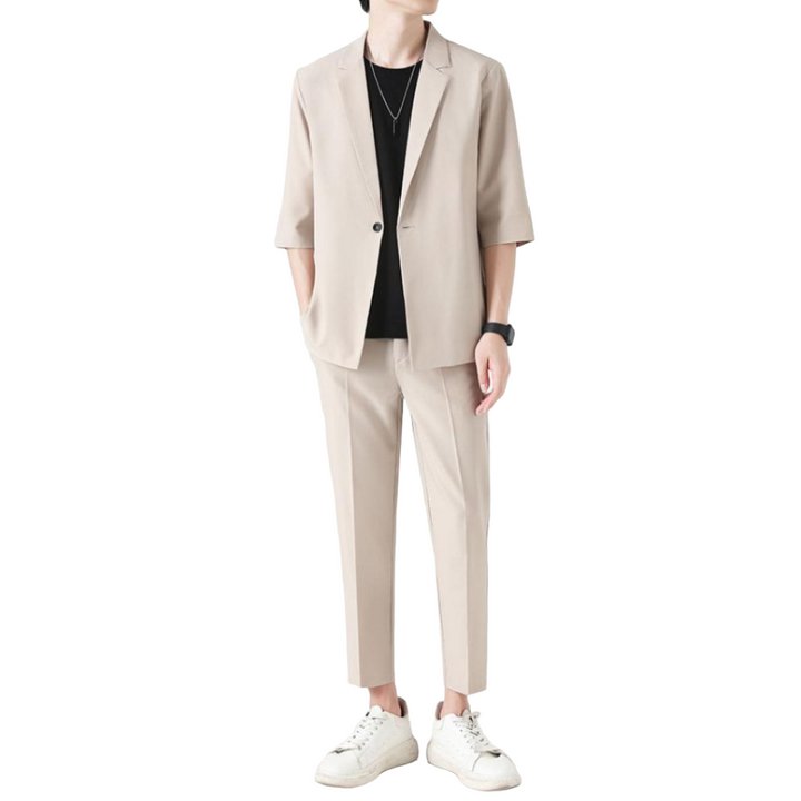 Beige heren smart casual set; elegante tweedelige outfit, perfect voor de moderne man.