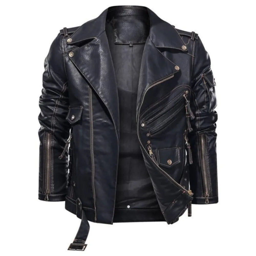 Veelzijdige zwarte heren zip-front jas met ceintuur; perfect voor een stijlvolle casual of smartcasual look.