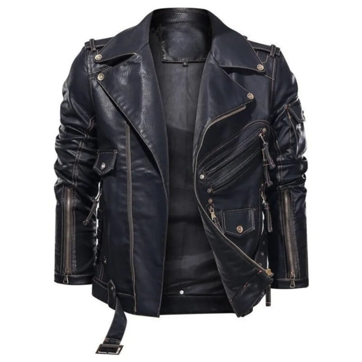 Veelzijdige zwarte heren zip-front jas met ceintuur; perfect voor een stijlvolle casual of smartcasual look.