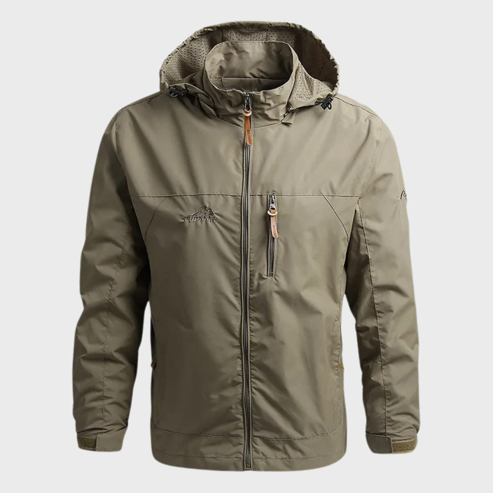 Hip-length waterdicht heren jack met warme voering en verstelbare capuchon, geschikt voor herfst en winter.