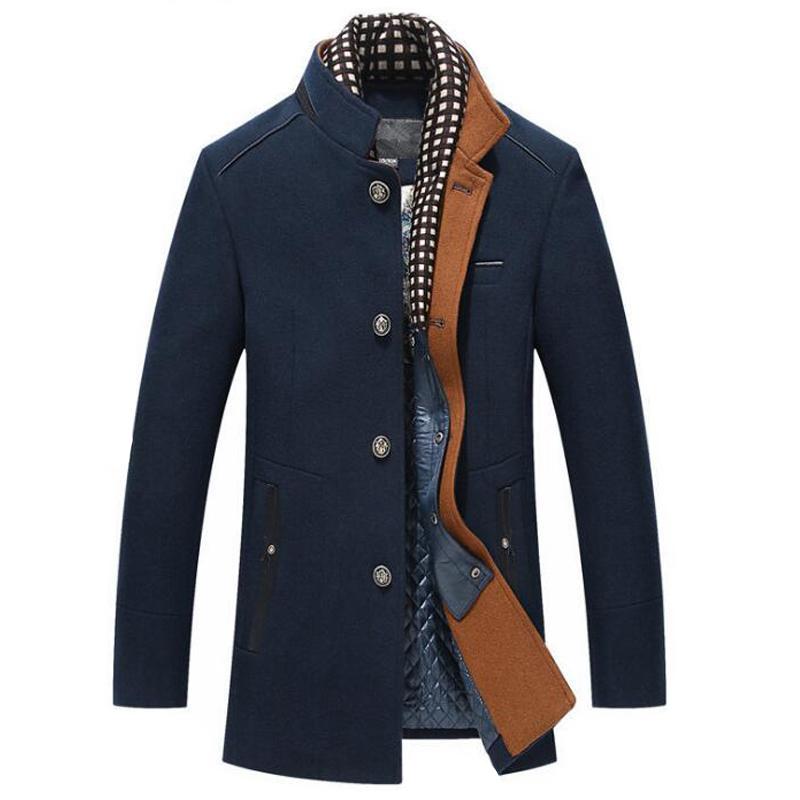 Heren elegante marineblauwe overjas met afneembare sjaal. Stijlvolle slim fit herfst/winter jas, veelzijdig.