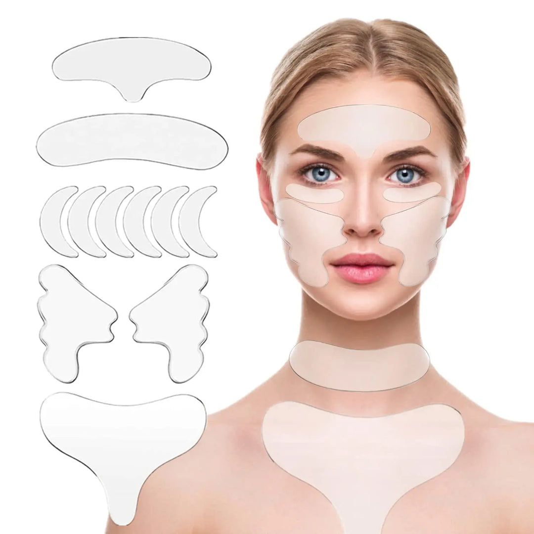 Verpakking van de siliconen anti-rimpel pad set. Bevat pads voor gezicht, hals en decolleté.