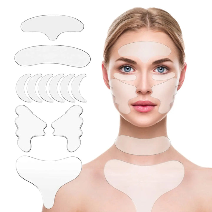 Verpakking van de siliconen anti-rimpel pad set. Bevat pads voor gezicht, hals en decolleté.