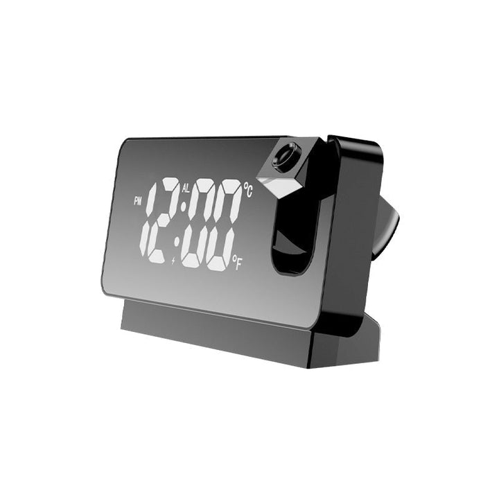 Zwarte projectieklok met heldere tijdsprojectie en digitale weergave, perfect als nachtkastje accessoire.