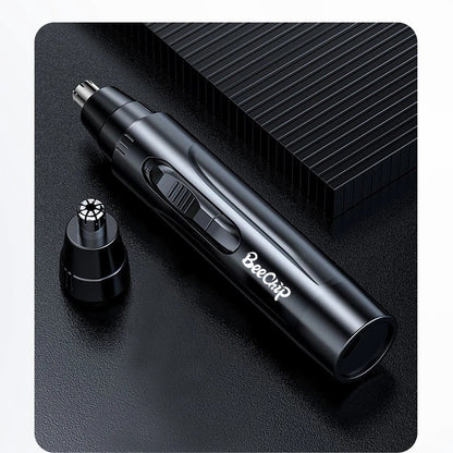 "Slanke, draagbare neus- en oorhaartrimmer, elegant zwart, pijnloos scheren voor mannen en vrouwen, oplaadbaar via USB."