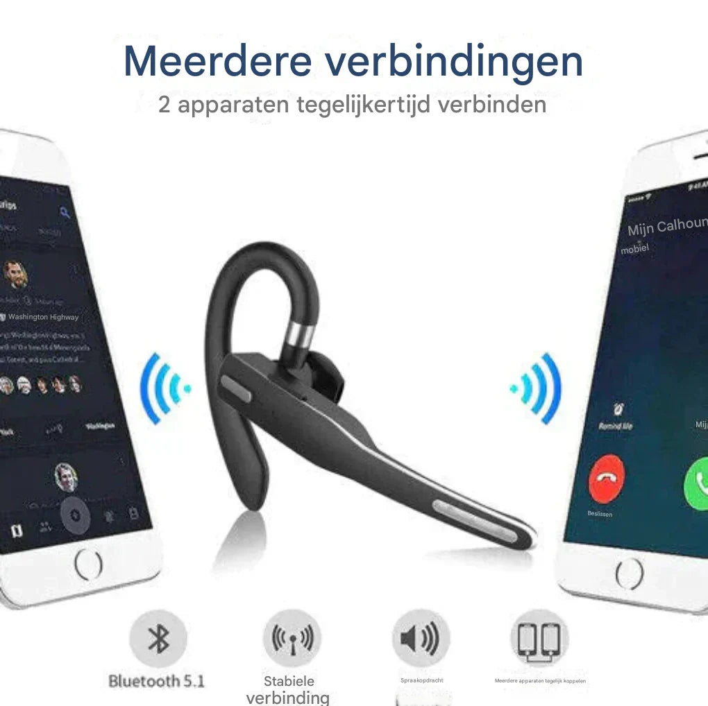 Compacte Bluetooth 5.1 communicatie headset voor mannen, met actieve ruisonderdrukking en handsfree functionaliteit.