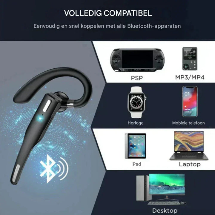 Professionele Bluetooth headset met dubbele microfoon voor kristalheldere spraak en omgevingsgeluidreductie.