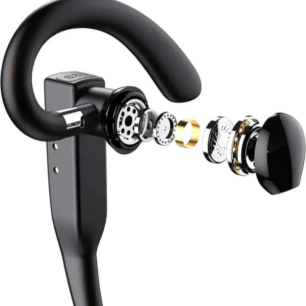 Ergonomische draadloze oortelefoon voor mannen met dubbele microfoon, ideaal voor lange zakelijke gesprekken.