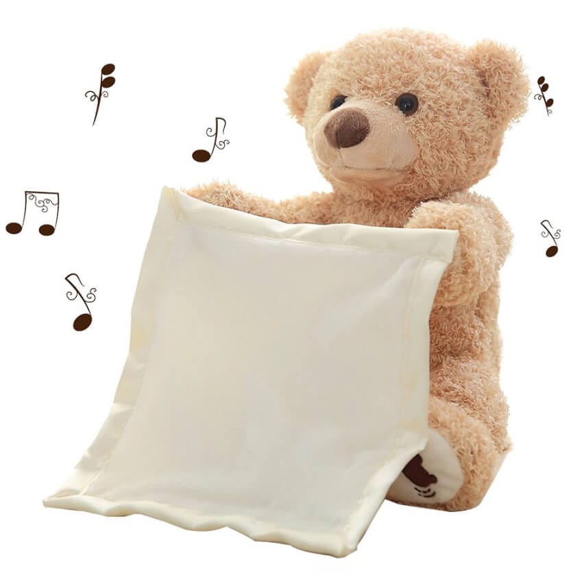 Zachte pluche teddybeer, interactief speelgoed voor kinderen met zingende en kiekeboe-functies.