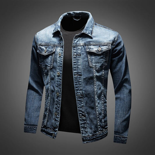 "Slim fit denimjack heren, retro motorstijl, biker look, stretch katoen, turn-down kraag, knoopsluiting, streetwear casual"