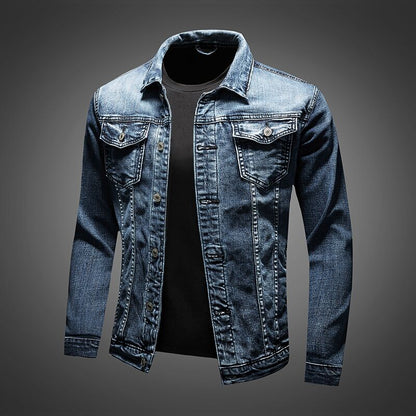 "Slim fit denimjack heren, retro motorstijl, biker look, stretch katoen, turn-down kraag, knoopsluiting, streetwear casual"