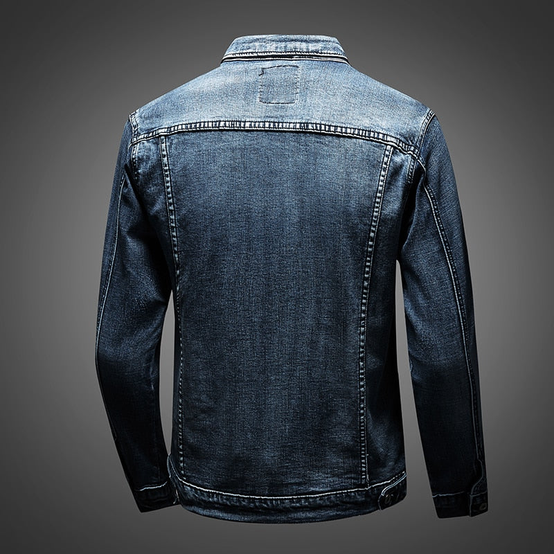"Slim fit denimjack heren, retro motorstijl, biker look, stretch katoen, turn-down kraag, knoopsluiting, streetwear casual"