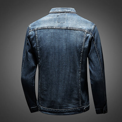 "Slim fit denimjack heren, retro motorstijl, biker look, stretch katoen, turn-down kraag, knoopsluiting, streetwear casual"