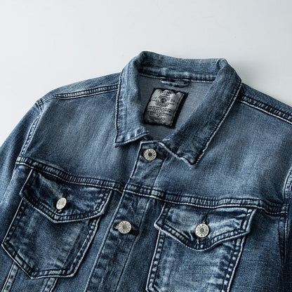 "Slim fit denimjack heren, retro motorstijl, biker look, stretch katoen, turn-down kraag, knoopsluiting, streetwear casual"