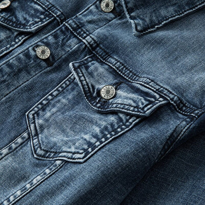 "Slim fit denimjack heren, retro motorstijl, biker look, stretch katoen, turn-down kraag, knoopsluiting, streetwear casual"