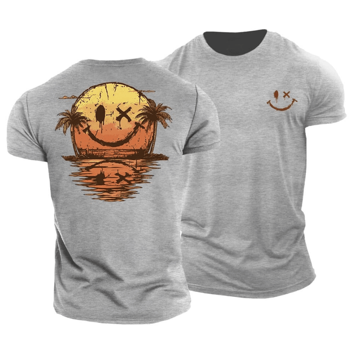 Voorkant van een modern heren zomers T-shirt met opvallende smiley print en comfortabele ronde hals.