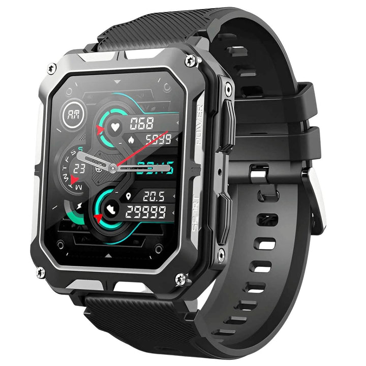 Overzichtsfoto van de robuuste ArmorTime smartwatch, onverwoestbaar en klaar voor elk avontuur. Activiteitstracker.