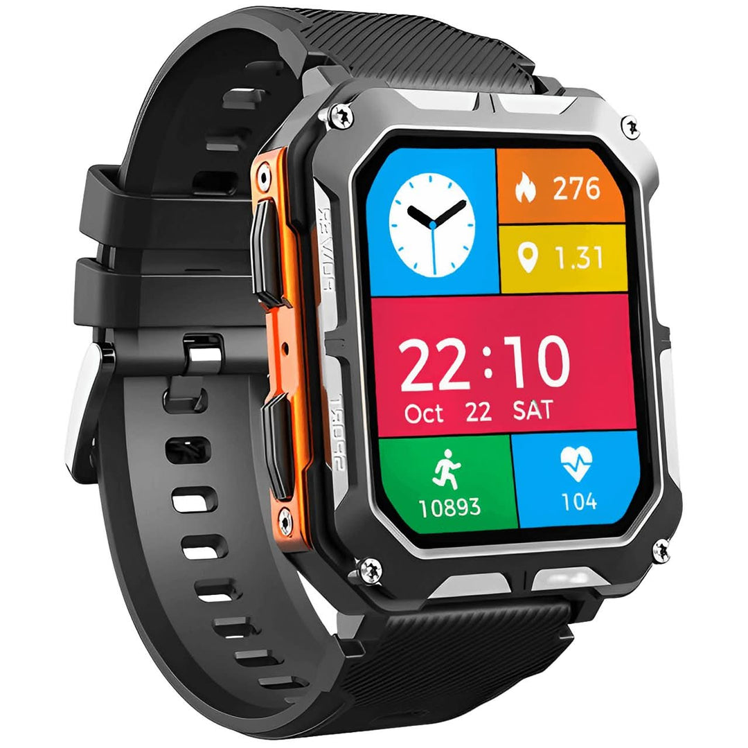 Zwarte onverwoestbare ArmorTime smartwatch, zijkant, met duurzame behuizing en knoppen. Perfect voor outdoor.