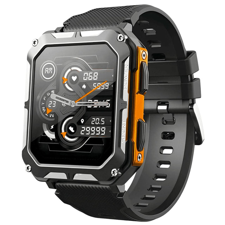 Robuuste unisex ArmorTime smartwatch, zwart, met helder display voor actieve levensstijl, waterbestendig.