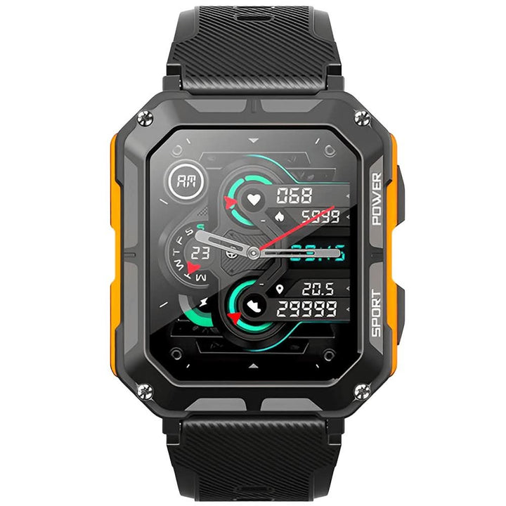 Levendige oranje ArmorTime smartwatch om pols, perfect voor een opvallende, actieve en sportieve look. Unisex.