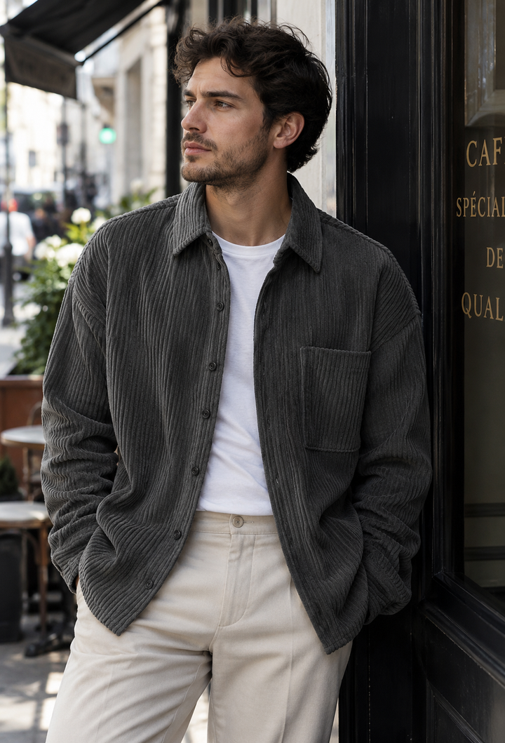 Blauw herenoverhemd, veelzijdig casual met ribbeltextuur en ruime pasvorm, perfect voor herenmode.