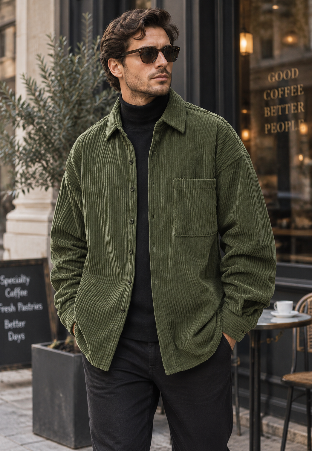 Groen herenoverhemd met ribbeltextuur en ruime pasvorm, ideaal voor een casual of gelaagde herfststijl.