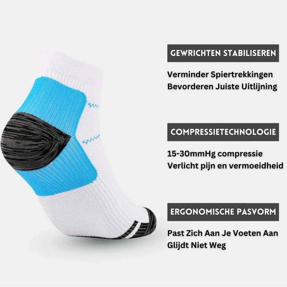 Detail van de ademende stof van dames/heren compressiesokken, comfortabel voor dagelijks gebruik en sport.