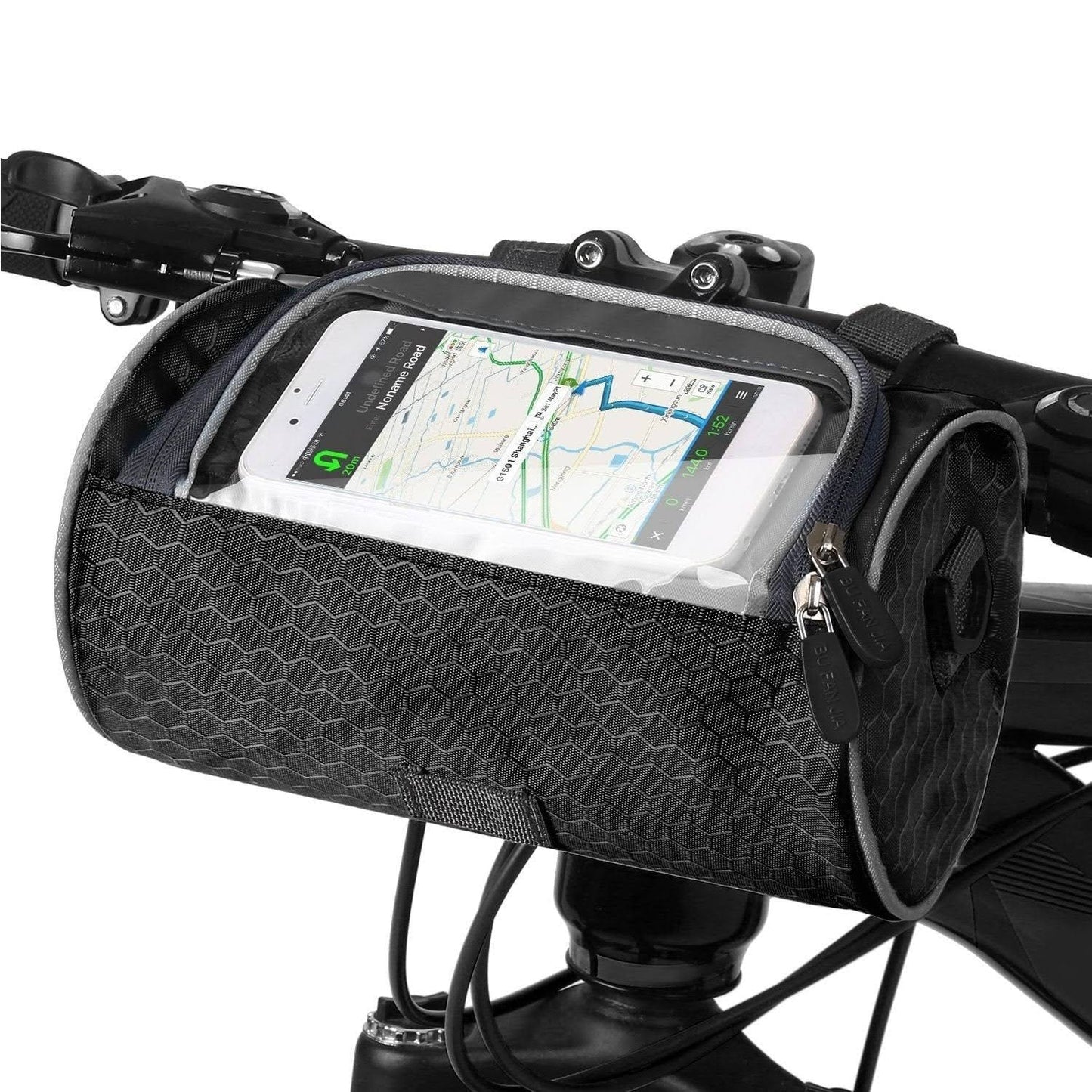 "Speedy Fiets Tas met wit touchscreen venster, waterdichte constructie en stevige bevestiging, perfecte fietsaccessoire."
