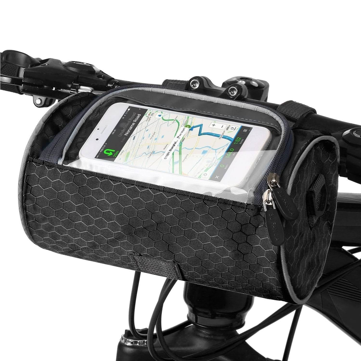 "Speedy Fiets Tas met wit touchscreen venster, waterdichte constructie en stevige bevestiging, perfecte fietsaccessoire."