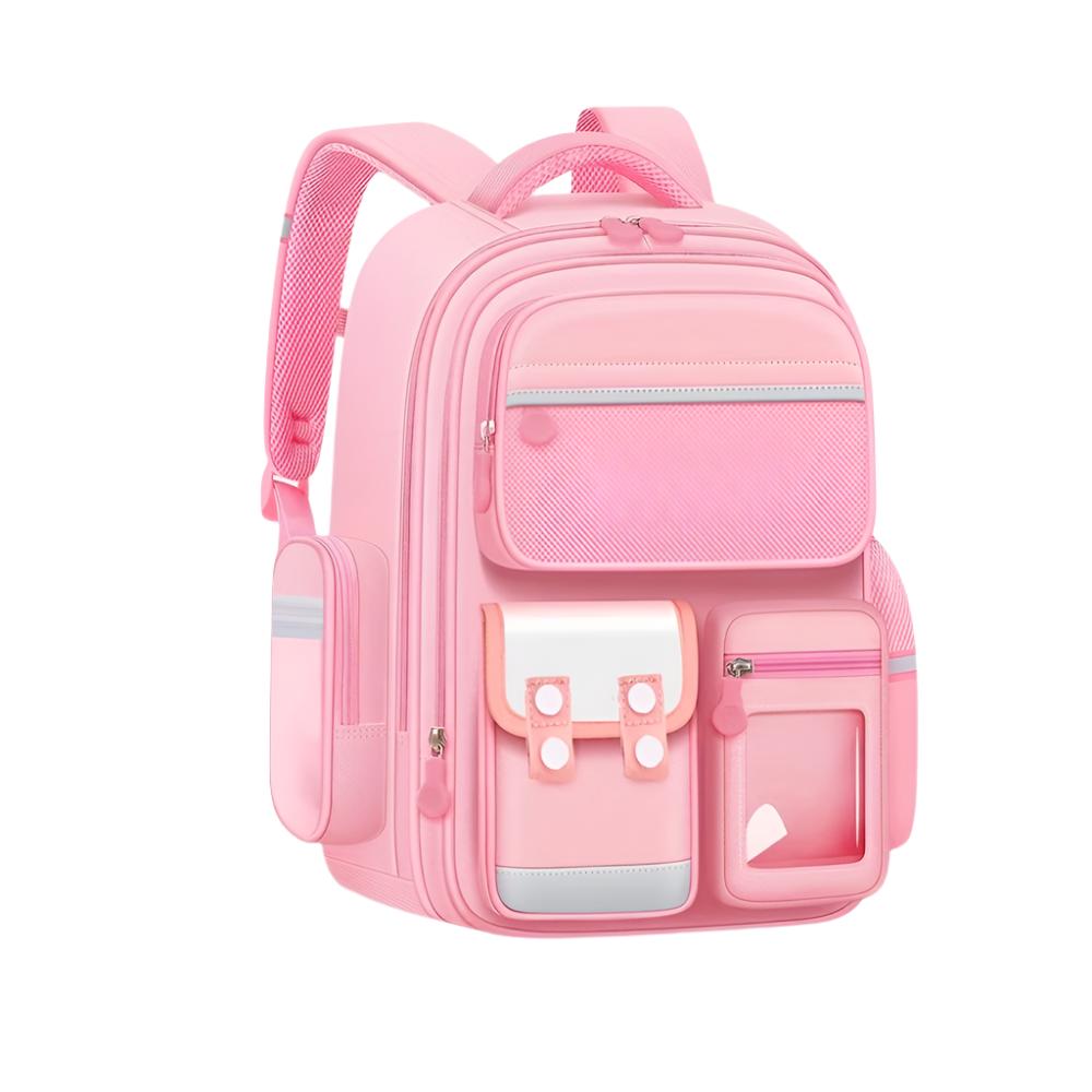 Vrolijke kinderrugzak met speels design in roze en groen, waterdicht en comfortabel.