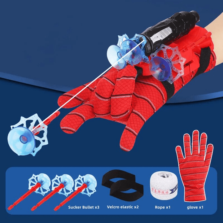 Jonge superheld lanceert spinnenweb met zuignappen, stimuleert actief en creatief rollenspel.