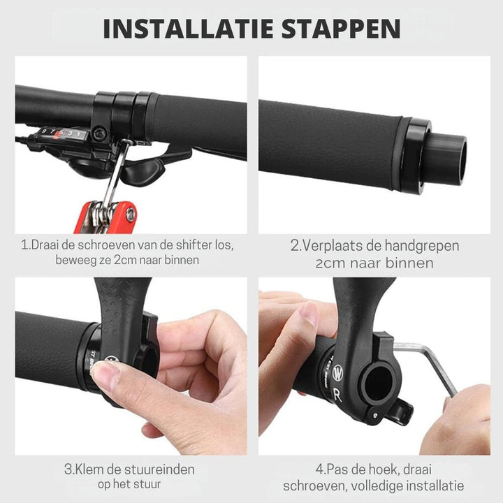 Zwarte ergonomische fietsgrepen, ontworpen voor duurzaamheid en comfort. Bieden antislip grip en ondersteuning voor pijnvrij fietsen.