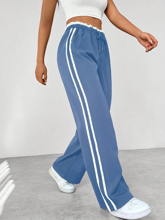 "Sportieve dames wide-leg broek, comfortabele pasvorm, elastische taille, trendy strepen, wijde pijpen, casual stijl"