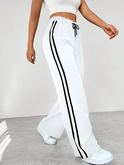 "Sportieve dames wide-leg broek, comfortabele pasvorm, elastische taille, trendy strepen, wijde pijpen, casual stijl"