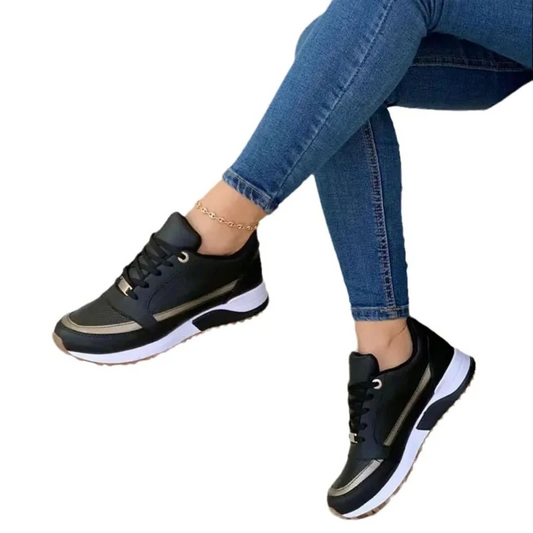 "Sportieve leren damesschoenen met zachte witte zool, elegant design in blauw, licht bruin of zwart, veelzijdig en stijlvol."