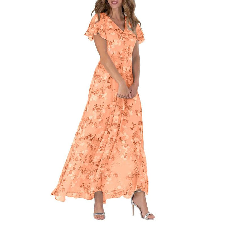 Moderne damesjurk: A-lijn maxi-jurk met bloemprint, luchtige vlindermouwen en een diepe v-hals. Perfect voor zomer en vakantie.